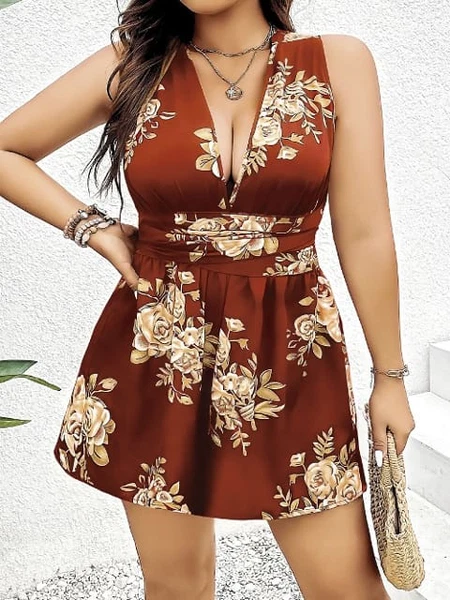 Kahverengi Çiçekli Mini Kadın Büyük Beden Elbise Pink Night 6640