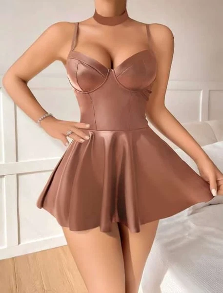 Kahverengi Deri Pileli Seksi Elbise Real Passione 21094