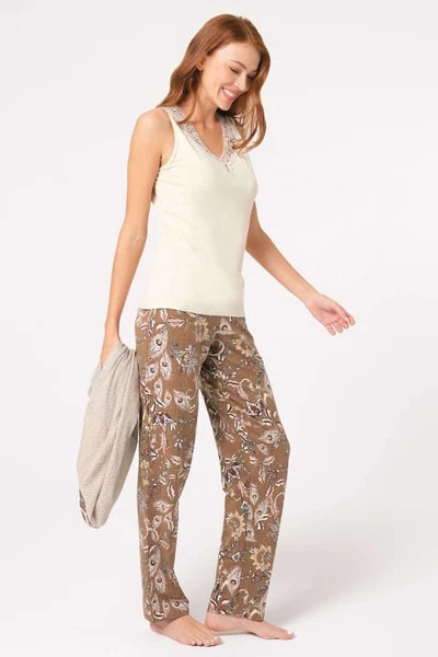 Kalın Askılı V Yaka Viskon Çiçek Desenli Düğmeli Dantel Detaylı Pijama Takımı Sabahlık Anıl 5798