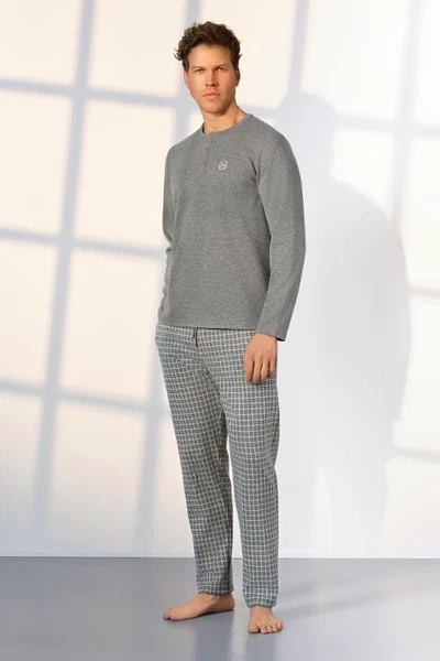 Kareli Uzun Kollu Düğmeli Yaka Erkek Gri Pijama Takımı Doreanse 25K4537
