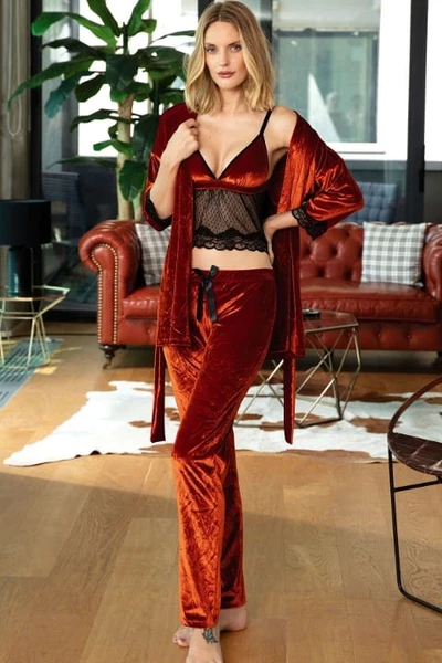 Kadife Dantelli Sabahlık Balensiz Desteksiz Dolgusuz Bralet Sütyen ve Pantolon Pijama 3'lü Takım Anıl