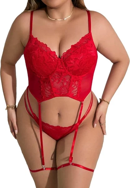 Kırmızı Büyük Beden Bralet Jartiyer Takım Real Passione J-81