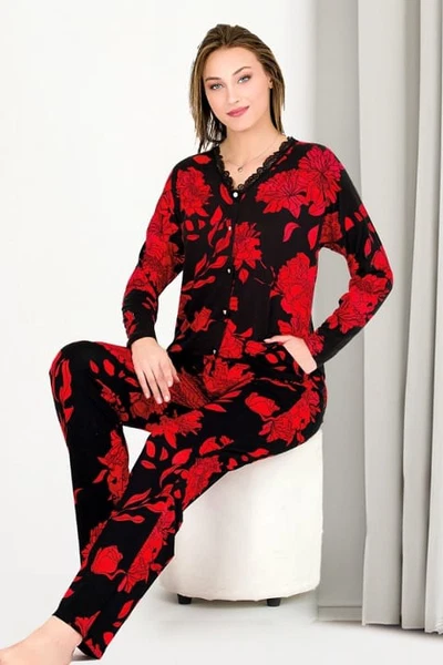 Kırmızı Gül Desenli Düğmeli Uzun Kollu Pijama Takımı Lady 11654