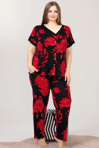 Kırmızı Siyah Çiçek Desenli Dantel Yaka Düğmeli Viskon Büyük Beden Pijama Lady 10976