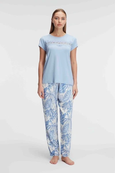 Bisiklet Yaka Kısa Kollu Viskon Çiçek Desenli Yazlık Dantelli Pijama Takımı Anıl 9885