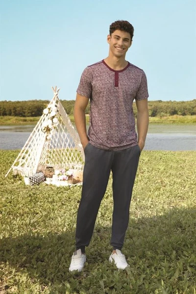 Kısa Kollu Desenli Modal Düğmeli Bisiklet Yaka T-Shirt Pijama Takımı Doreanse 4743