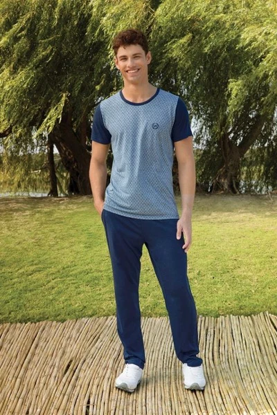 Kısa Kollu Lacivert Desenli Erkek T-Shirt Pijama Takımı Doreanse 4883
