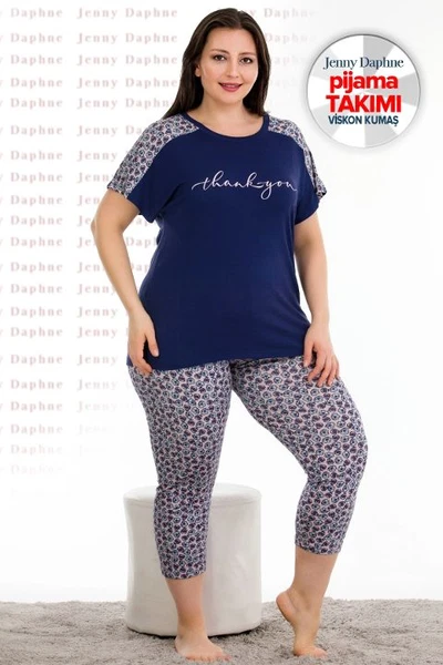 Lacivert Desenli Kapri Büyük Beden Pijama Takımı Lady 10682