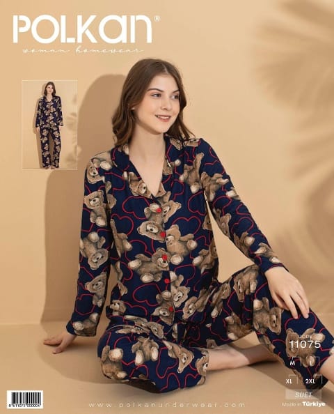 Lacivert Desenli Önden Düğmeli Uzun Kollu Süet Pijama Takım Polkan 11075