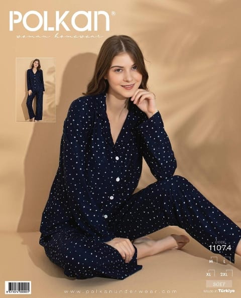 Lacivert Önden Düğmeli Yıldız Desen Uzun Kollu Süet Pijama Takım Polkan 11074