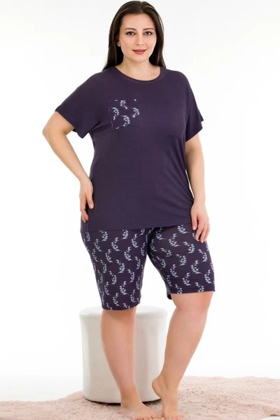 Lady Büyük Beden Bisiklet Yaka Cepli Mor Şort Pijama Takımı 10386