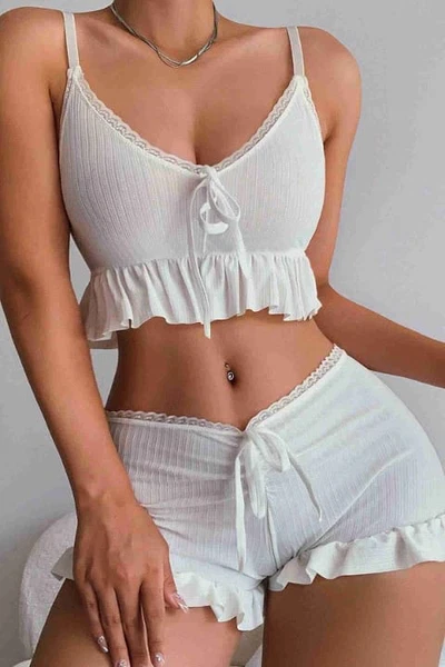 Örme Kumaş Askılı Şortlu Pijama Takımı Beyaz Merry See 4497
