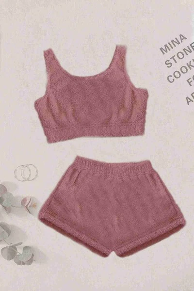 Peluş Askılı Polar Alt Üst Şortlu Kadın Pijama Takımı Merry See MS 40809