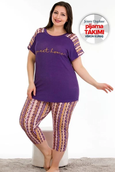 Mor Desenli Büyük Beden Kısa Kol Viskon Kapri Pijama Takımı Lady 10671