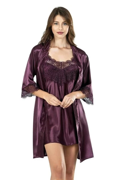 Mürdüm Kısa İkili Saten Sabahlıklı Gecelik Takımı Ahu 7607