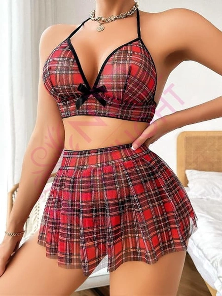 Ekoseli Boyundan Bağlamalı Erotik Kostüm NightLight 7037