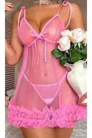 Pembe Dantel Askılı Transparan Tül Gecelik Tanga Takımı Ruselin 2096