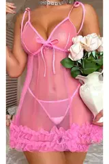 Pembe Dantel Askılı Transparan Tül Gecelik Tanga Takımı Ruselin 2096