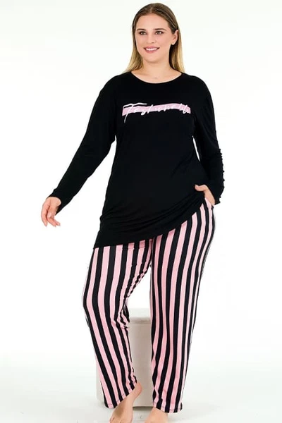 Pijama Uzun Kollu Siyah Büyük Beden Viskon Kumaş Pijama Takımı Lady 11395