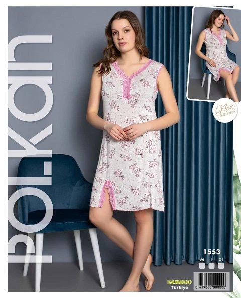 Yırtmaçlı Bamboo Geniş Askılı Kadın Gecelik Polkan 1553