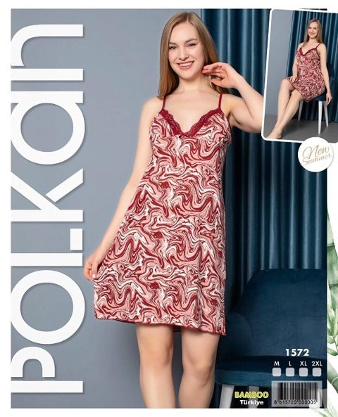 Kırmızı Bamboo İp Askılı Dantelli Kadın Gecelik Polkan 1572