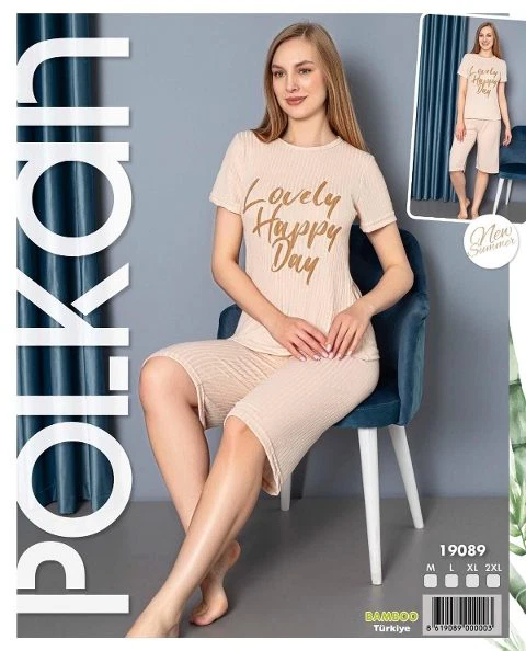 Bayan Kısa Kollu Kapri Pijama Takımı Krem Polkan 19089