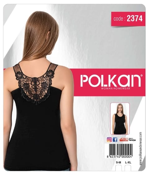 Siyah Dantelli Kalın Askılı Kadın Atlet Polkan 2374