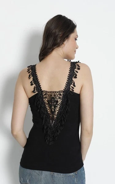 Sırtı Saçaklı Güpürlü Siyah Kadın Atlet Polkan 2376