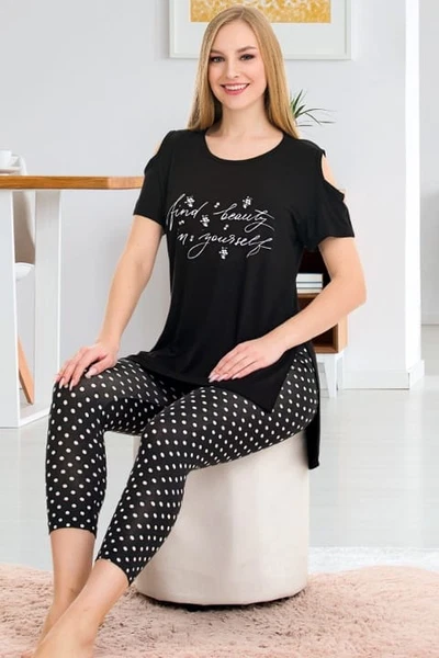 Puantiyeli Kısa Kollu Omuz Detaylı Rahat Kesim Kapri Pijama Takımı Lady 12056