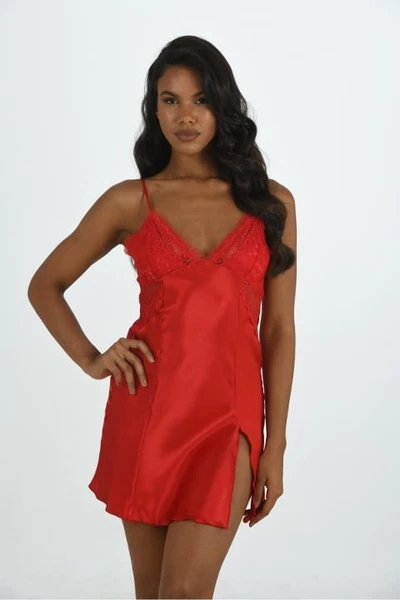Saten Kırmızı Dantelli Kısa Gecelik Ahu Primoda 8200