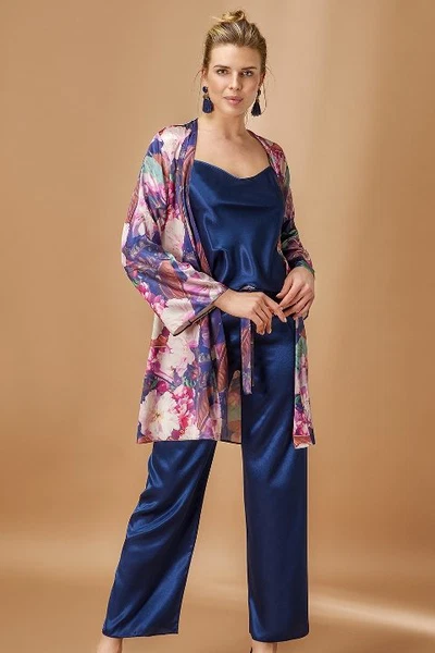 Saten Pijama Takım Lacivert Nurteks 5951
