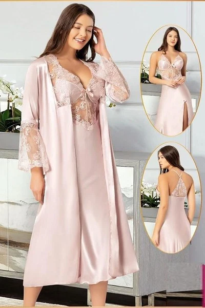 Saten Pudra Yırtmaçlı İnce Askılı 2Li Midi Boy Gecelik Sabahlık Çeyiz Seti XSES 2110