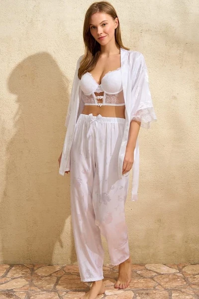 Saten Çiçek Desenli Dantelli Sabahlık Balenli Destekli Dolgulu Büstiyer Sütyen ve Pantolon Pijama 3'lü Takım Anıl 4821