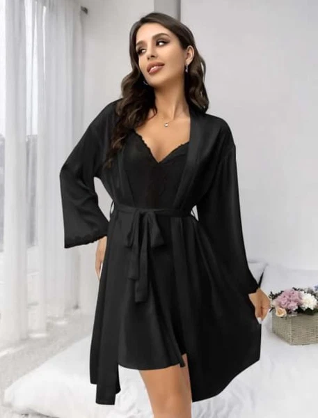 Saten Siyah İnce Askılı Kısa Kadın Gecelik Sabahlık Takım Real Passione 3030