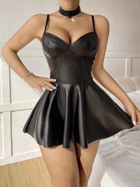 Seksi Siyah Fantezi Deri Elbise Real Passione 21089