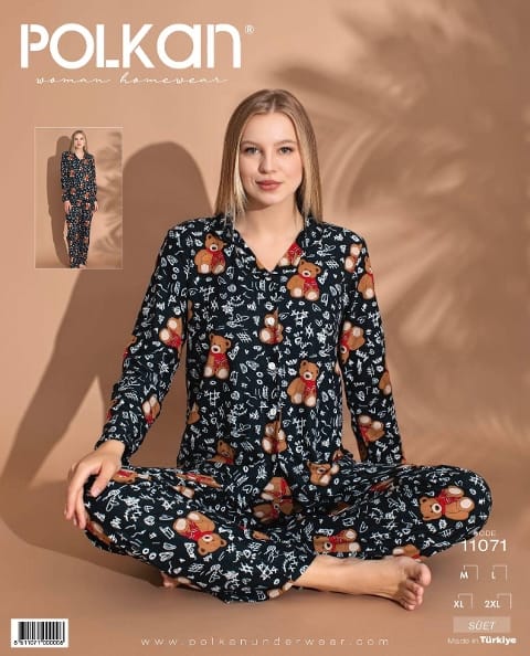 Siyah Desenli Önden Düğmeli Uzun Kollu Süet Pijama Takım Polkan 11071