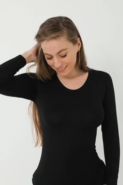 Siyah Kadın Bambu Uzun Kollu Badi Basic Tişört Arma Yıldız 3706