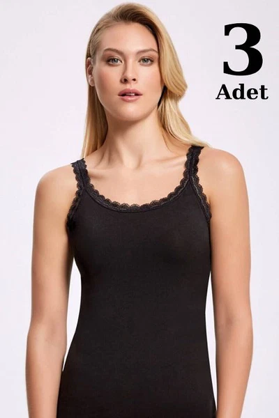 Siyah Ribana İnce Askı Dantelli Atlet 3lü Paket Arma Yıldız 3331 - 3 ADET
