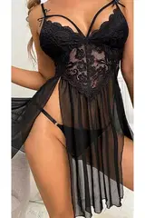 Siyah Tül Dantel Erotik Fantezi Gecelik Ruselin 2104