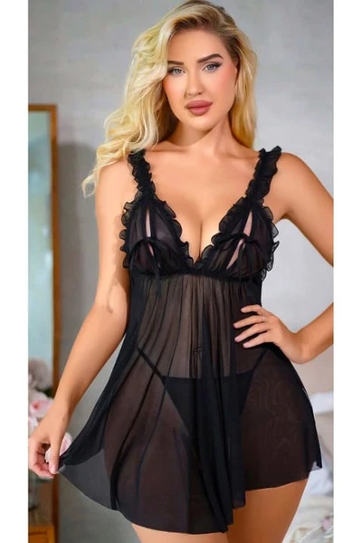 Siyah Tül Göğüs Dekolteli Fırfırlı Transparan Fantezi Gecelik Ruselin 2110