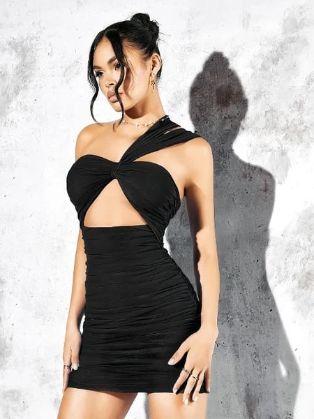 Tek Omuz Askılı Siyah Mini Seksi Elbise Pink Night 2210