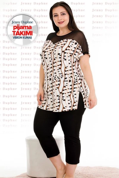 Transparan Omuzlu Büyük Beden Desenli Kapri Pijama Takımı Lady 10675