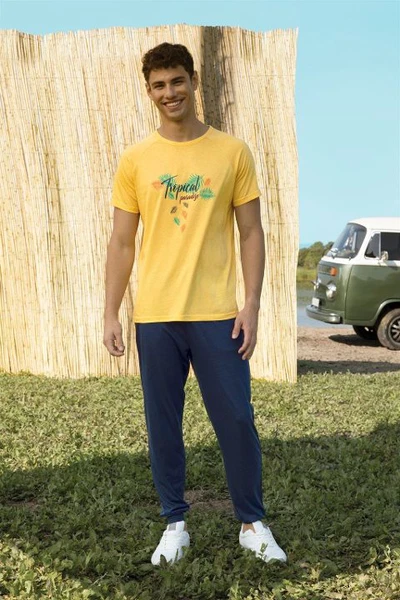 Tropikal Yazı Baskılı Kısa Kollu Erkek T-Shirt Pijama Takımı Doreanse 4893