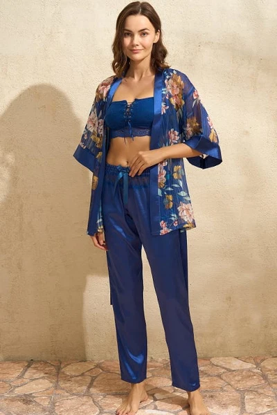 Tül Çiçek Baskılı Sabahlık Balensiz Desteksiz Dolgusuz Dantelli Büstiyer Sütyen ve Saten Pantolon Pijama 3'lü Takım Anıl 5703