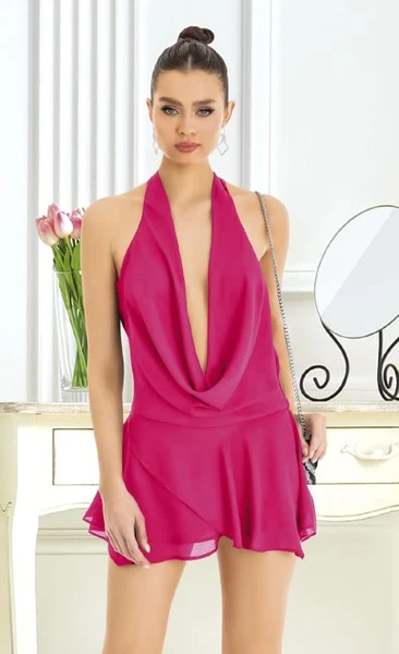 Tül Kadın Askılı Mini Elbise Fuşya Pink Night 3442