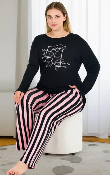 Uzun Kollu Lacivert Büyük Beden Viskon Pijama Takımı Lady 11382 Lady 11382