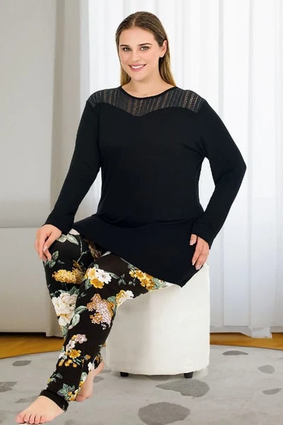 Uzun Kollu Tüllü Çiçekli Büyük Beden Viskon Pijama Takımı Lady 11391