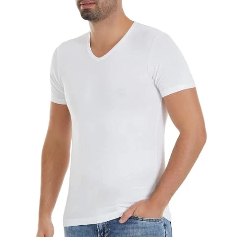 V-Yaka Kısa Kollu Bambu Beyaz Erkek T-Shirt Yıldız 480