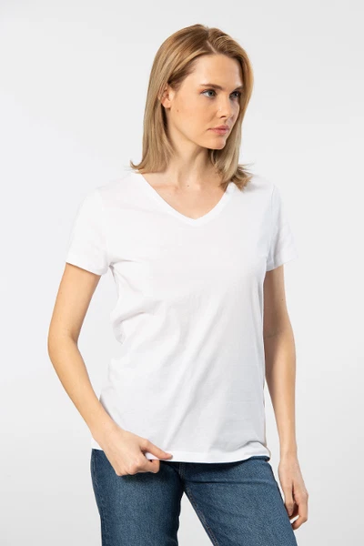 Kısa Kollu Beyaz V Yaka Kadın Tshirt Wtshirt Venice