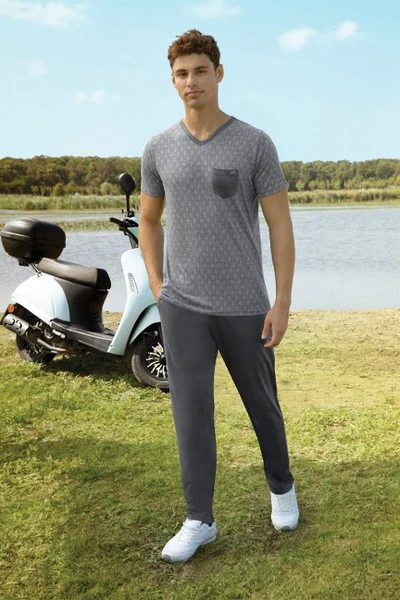 Yakası Cepli Desenli V Yaka Erkek T-Shirt Pijama Takımı Doreanse 4803